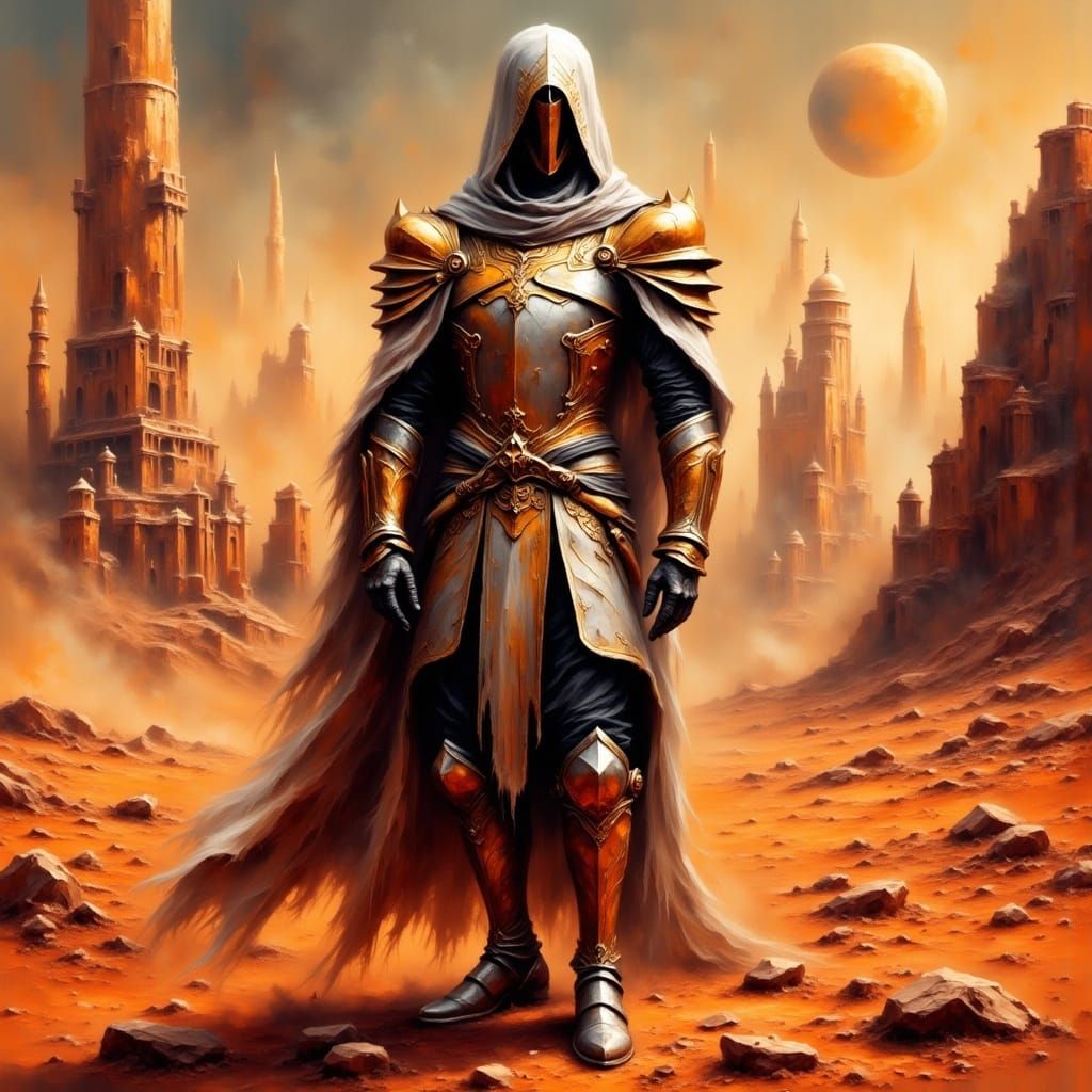 Martian Emperor in Ornate Armor and Baroque Cityscape