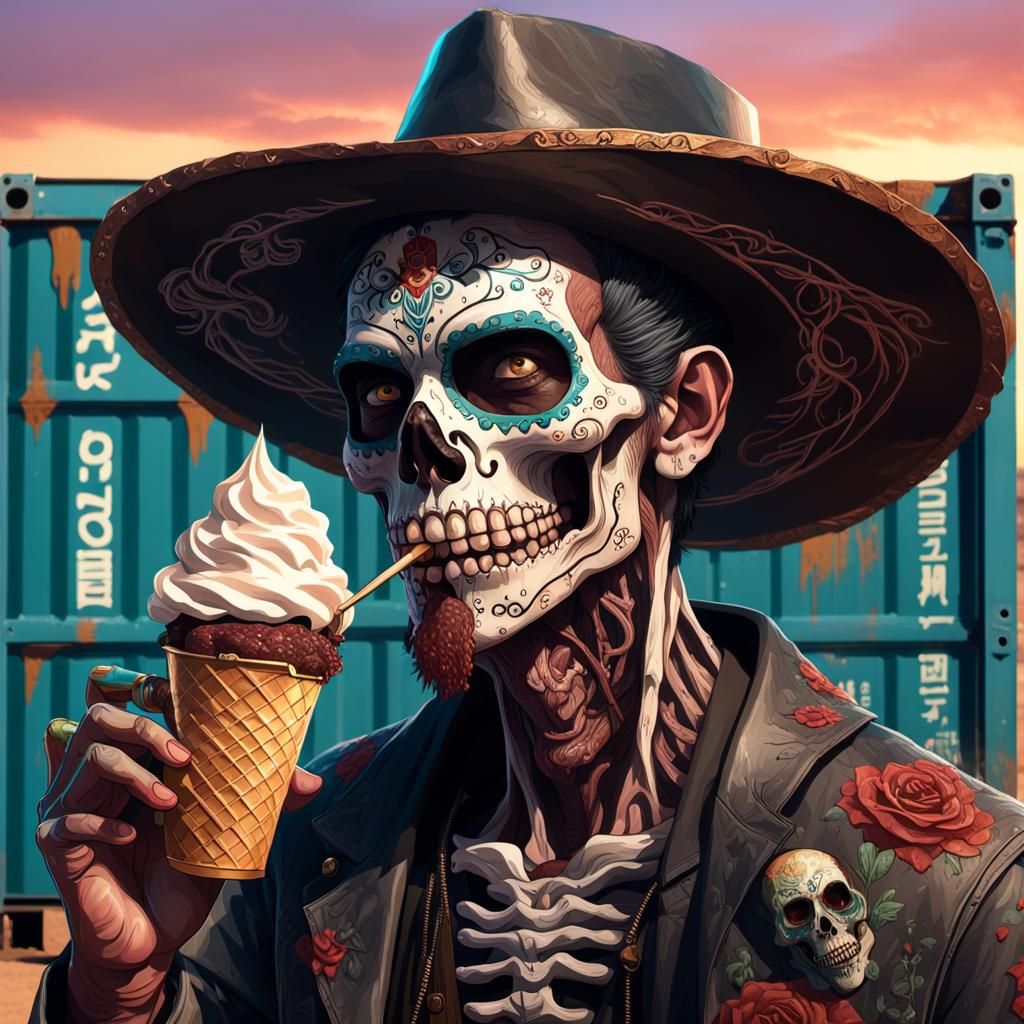 Day of the Dead zombie man with black sombrero licking choco...