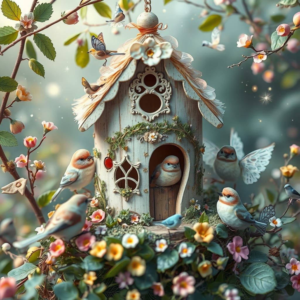 Enchanting Fairy Tale Birdhouse with Pastel Birds