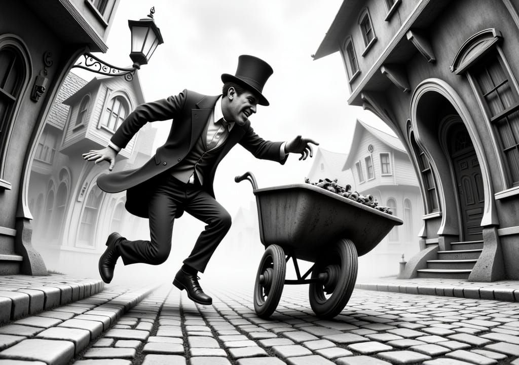 Runaway Wheelbarrow Chase in Silent Film Style