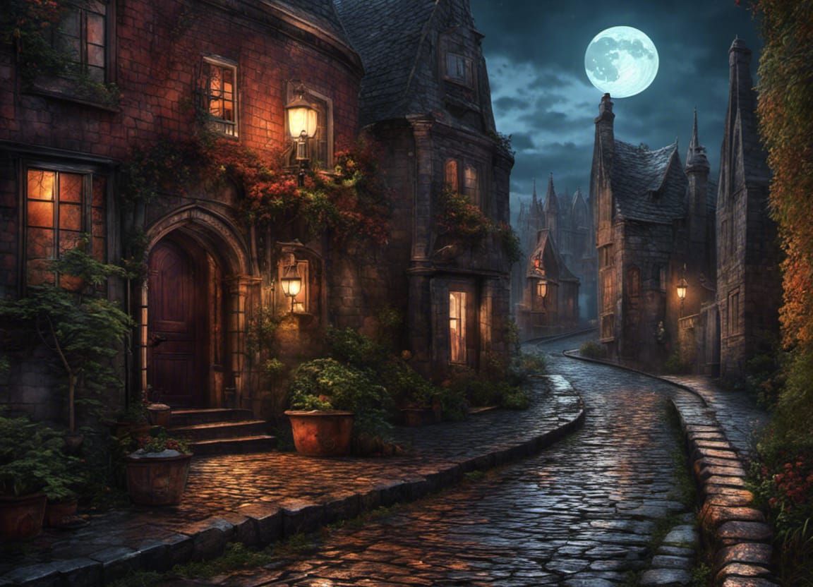 Moonlit Gothic Streets in Dreamy Storybook Realism