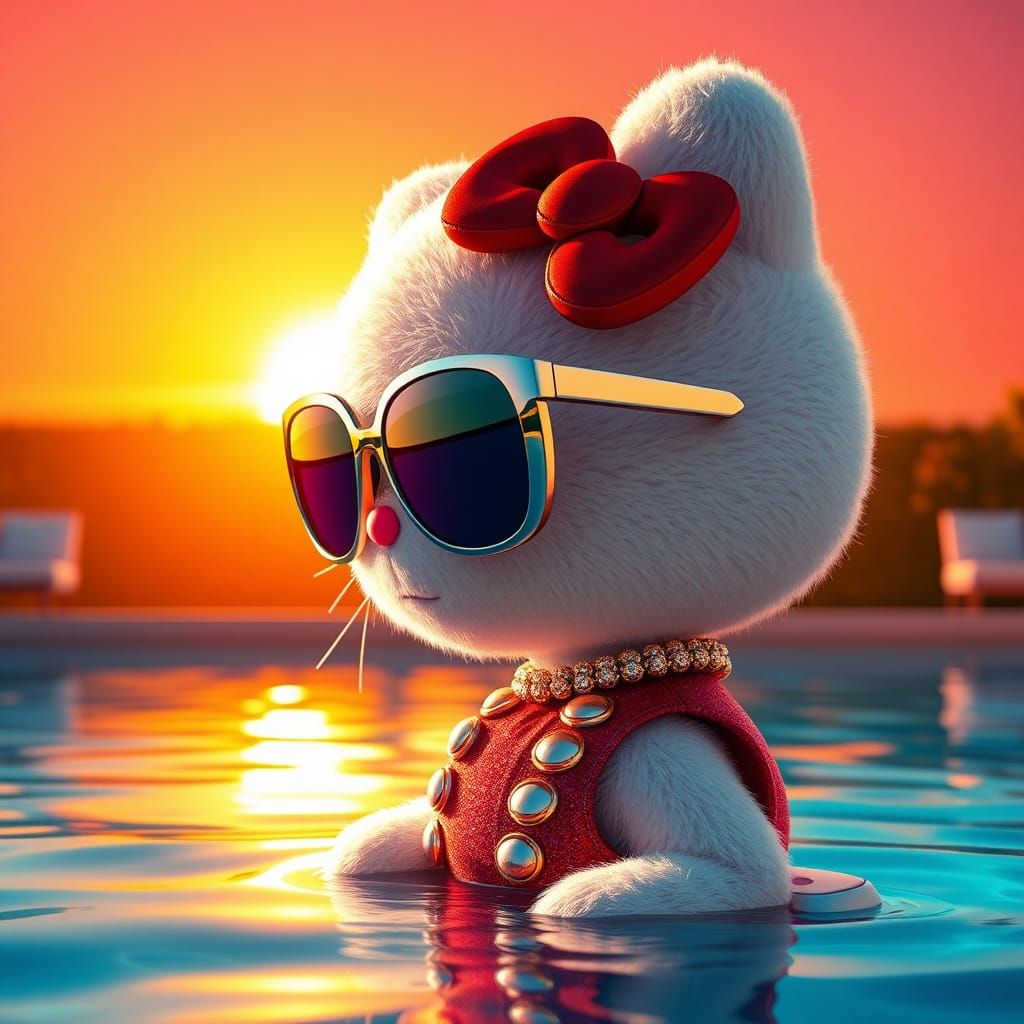Luxurious Hello Kitty Lounging by Pool in 3D Anime Style