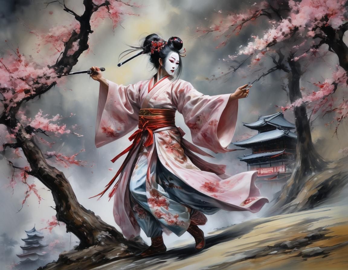 Kabuki Performer Sword Dancing, Alcohol Ink Style