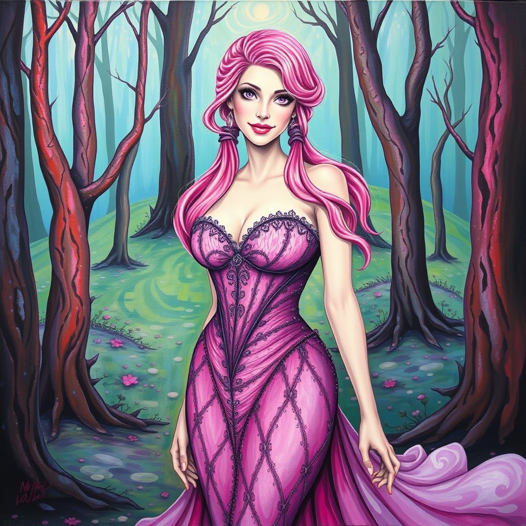 Pink Haired Woman in Enchanted Forest, Alcohol Ink Style