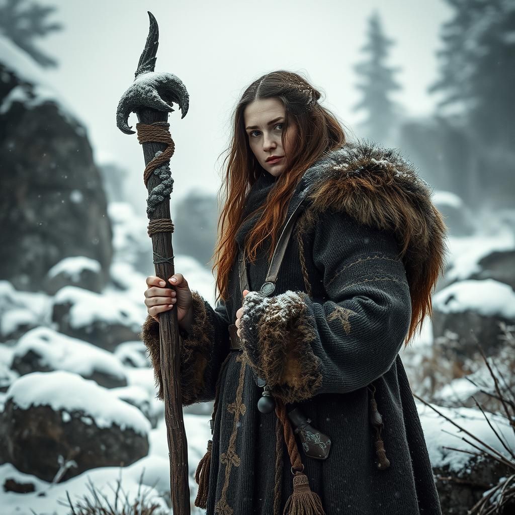 Völva in Snowy Forest, Cinematic Film Still