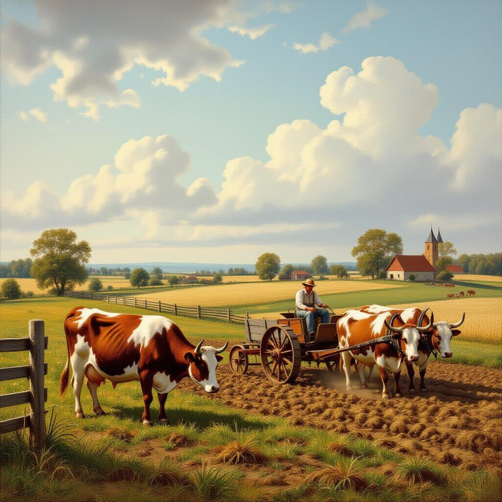 Renaissance Farm Scene with Cow Grazing