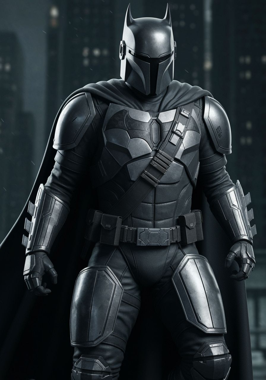 Batman Wears Mandalorian Armor in Anime Style