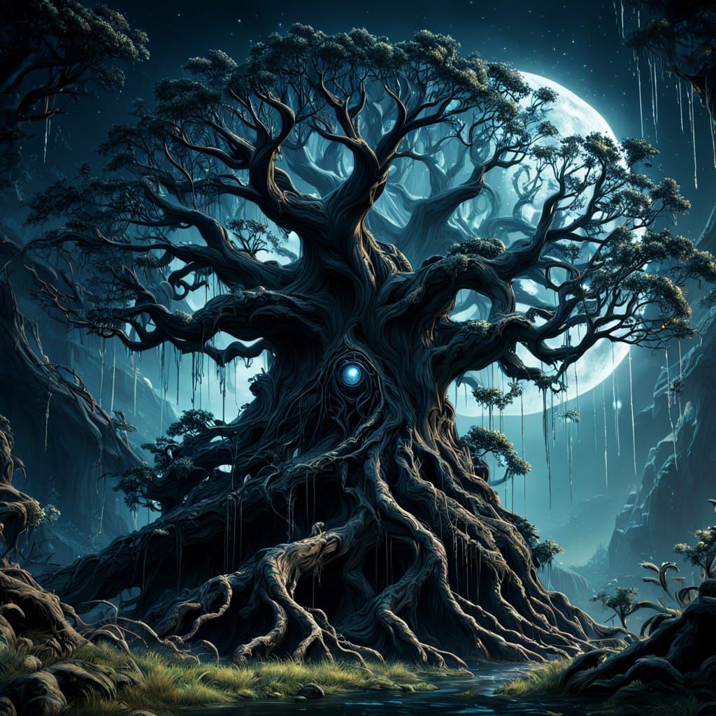 Ancient Ent Tree Engulfed by Shimmering Web in Fantasy Art