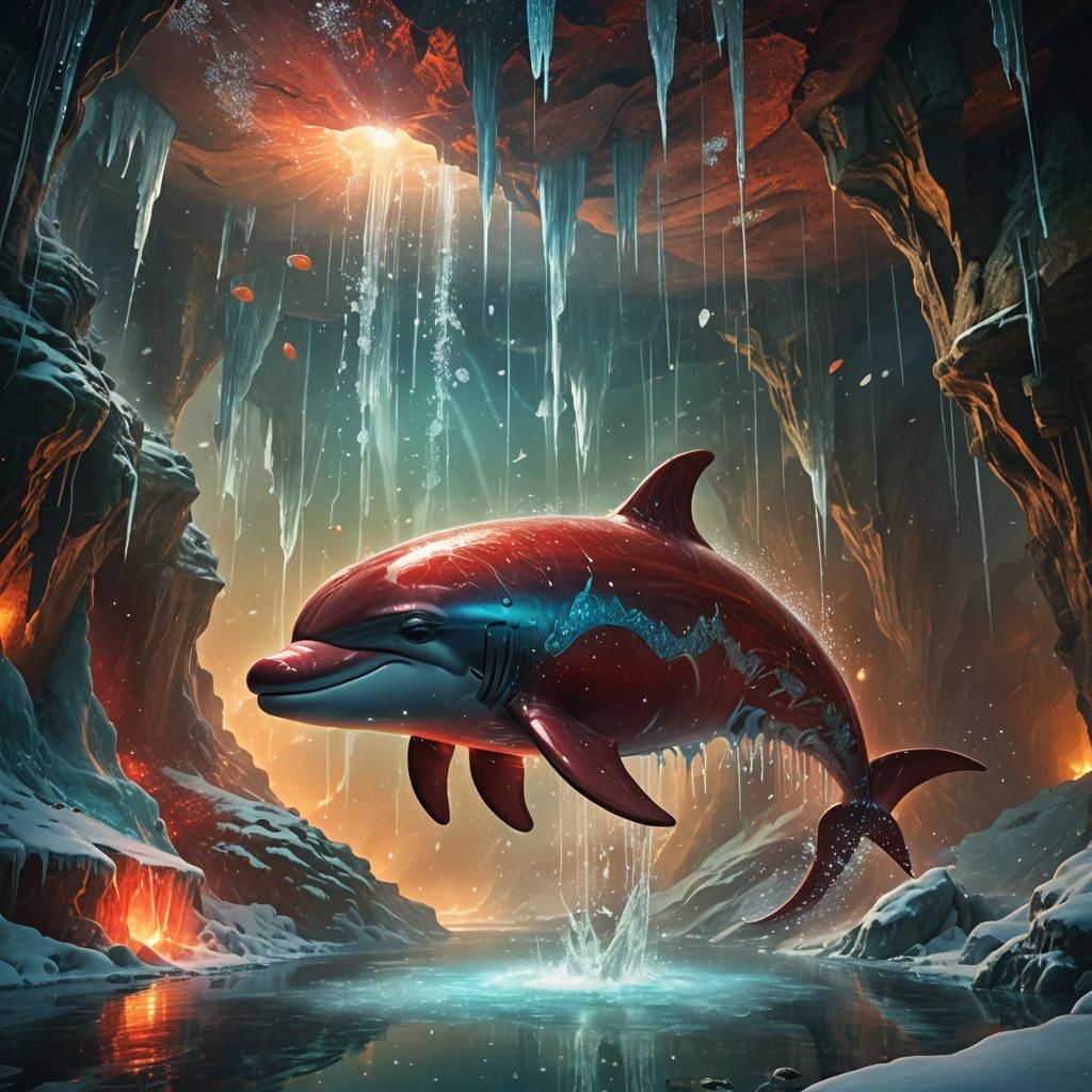 Icy Cavern: Red Dolphin with Snowflakes in Digital Art