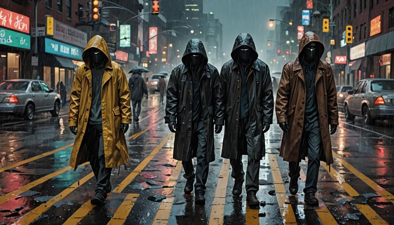 Faceless Figures in Rainy Sci-Fi Horror Scene