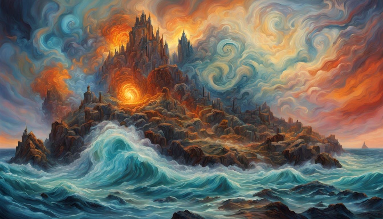 Surreal Seascape with Mythical Creature and Dramatic Lightin...