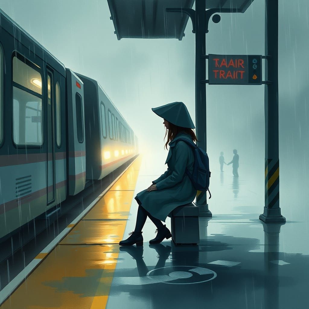 Girl Waits Alone in Rainy Platform Scene
