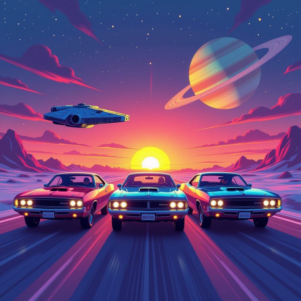 Enceladus Sunset with Spy vs Spy in Futuristic Style