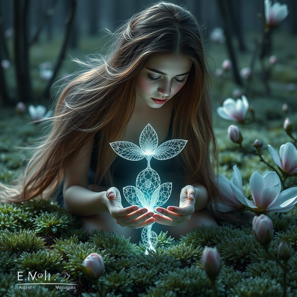 Ethereal Woman with Bioluminescent Being, Surreal Bio-Art