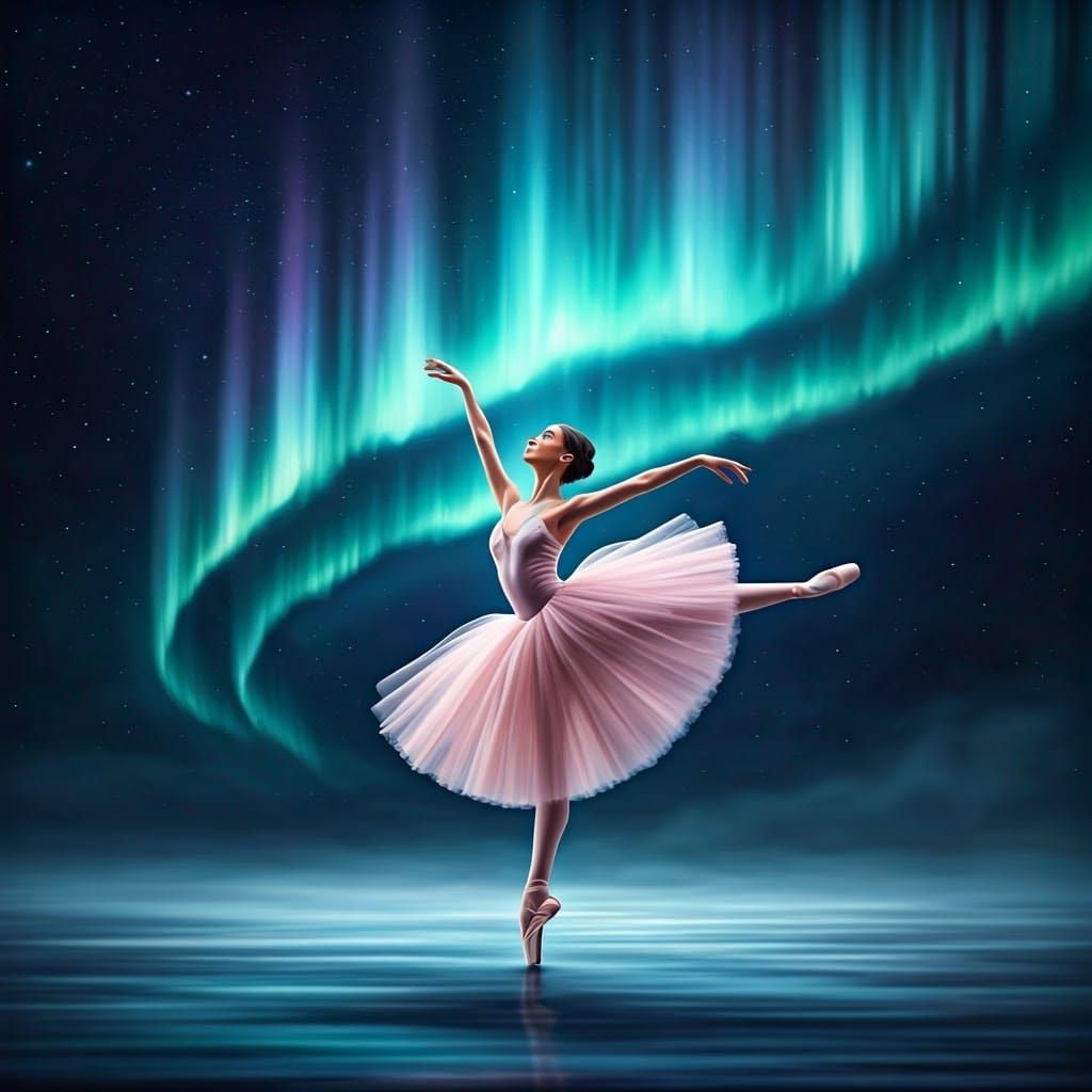 Ballerina Leaping Before Aurora Borealis, Dreamy Art