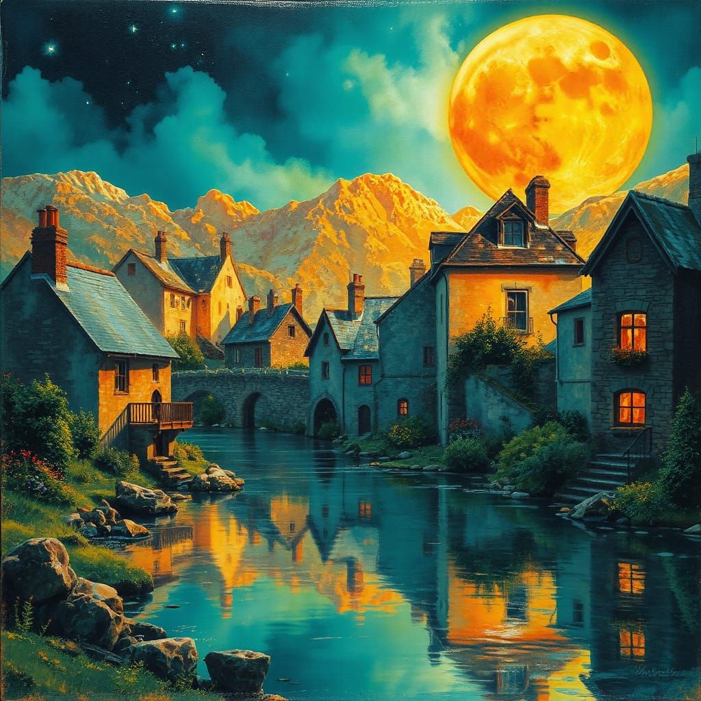 Neon Moonlit Town in Impressionistic Painterly Style