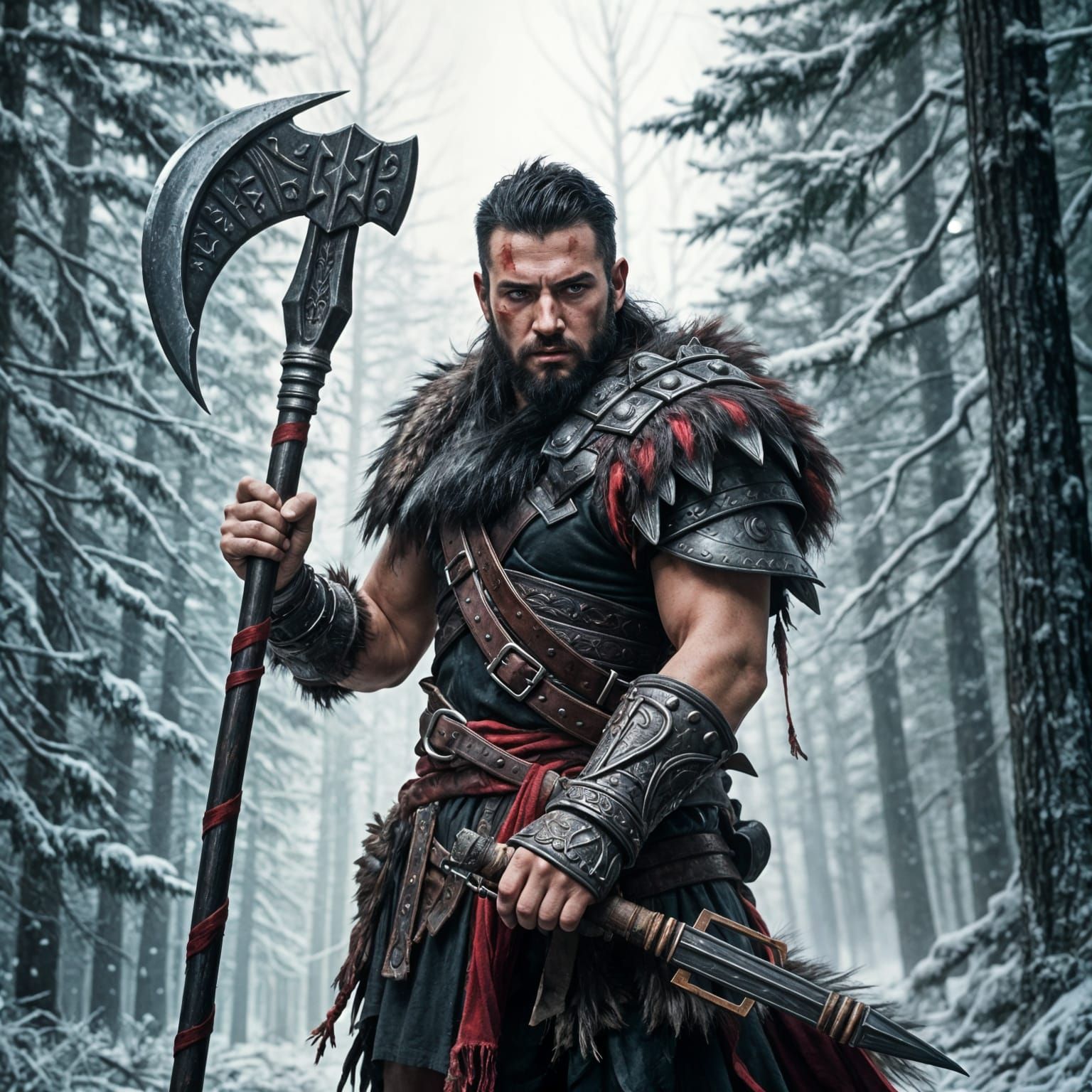 Epic Barbarian Warchief in Winter Forest