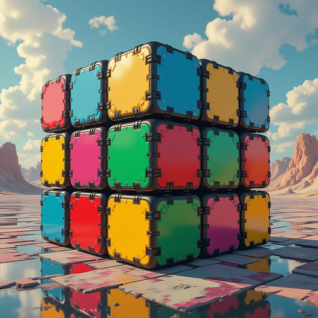 Giant Rubik's Cube in Surreal Digital Art Style