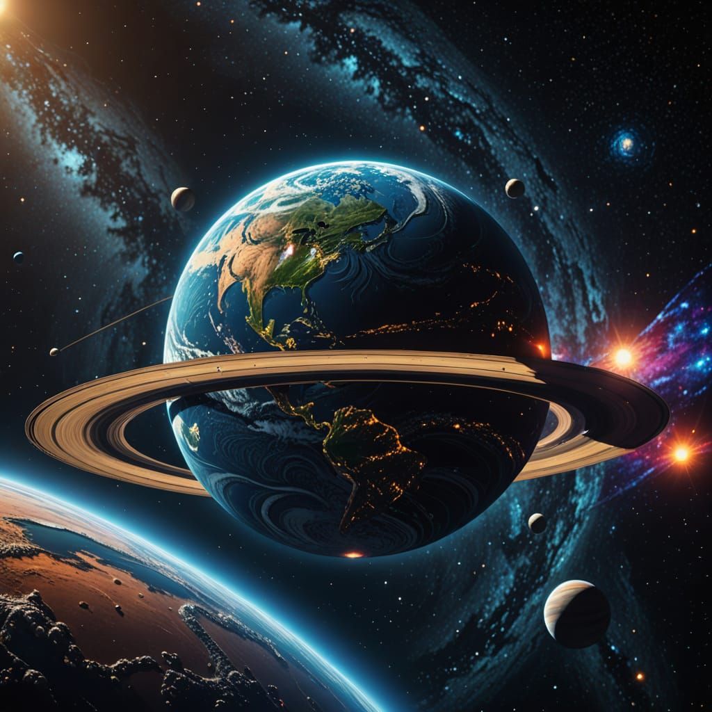 Cosmic Earth with Saturn's Rings in Vibrant Contrast