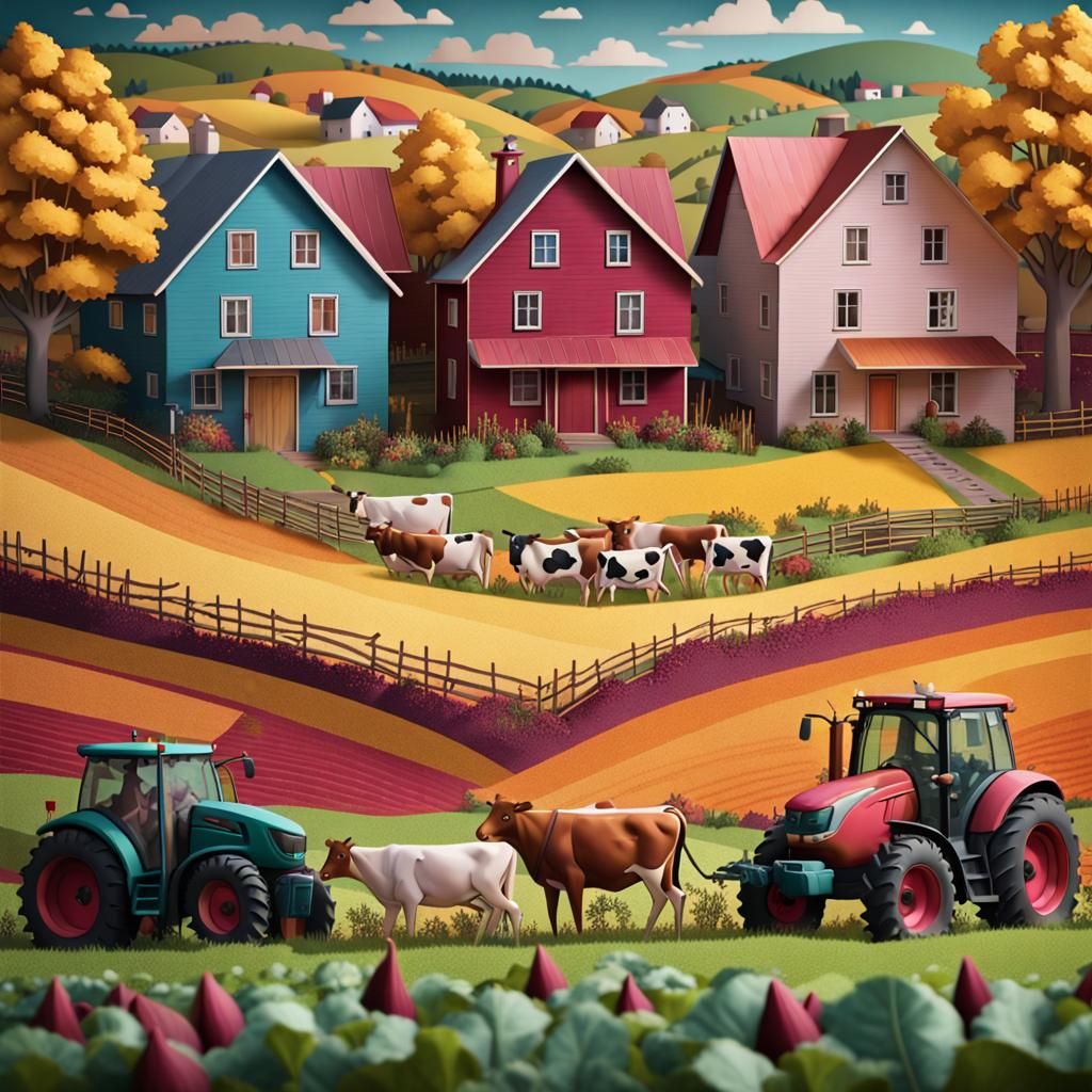 Farm Life Triptych in 3D Paper Doll Style