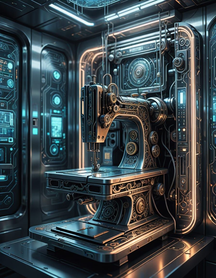 Futuristic Sewing Machine Elevator Ascends with High-Tech Co...