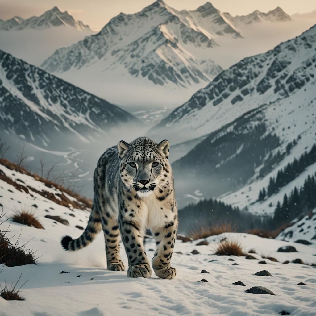 Snow Leopard in Snowy Mountains: Cinematic Film Still
