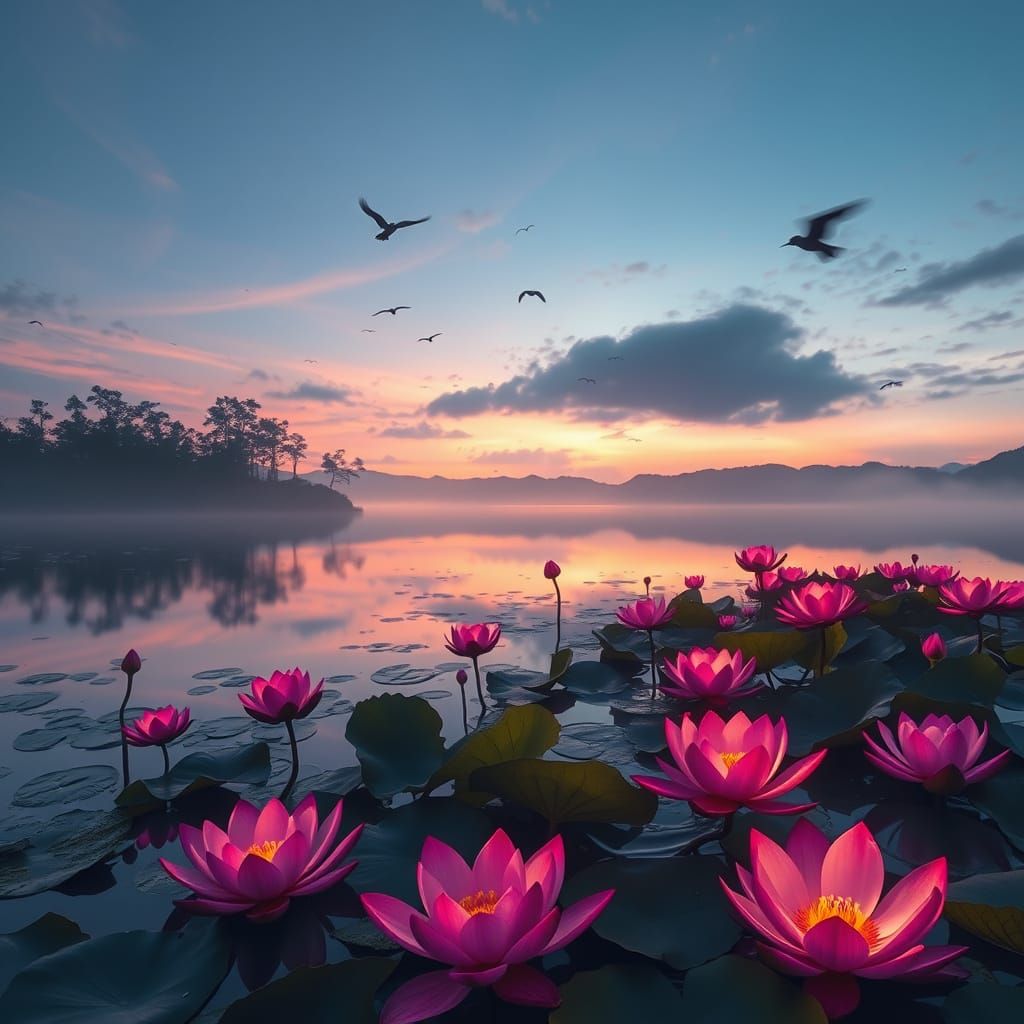 Dreamy Lake Landscape with Vibrant Lotus Flowers and Softly ...