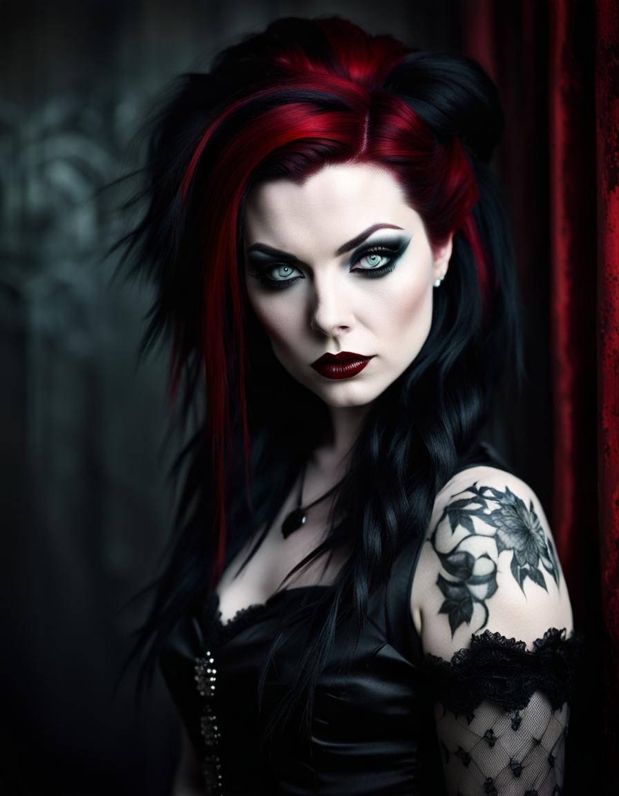 Emo Model in Crimson and Black: Cinematic Portrait