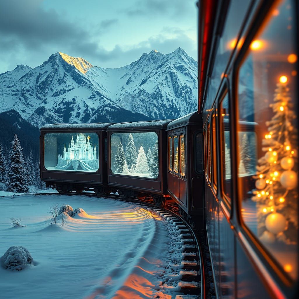 Vintage Train Chugs Through Snowy Mountains