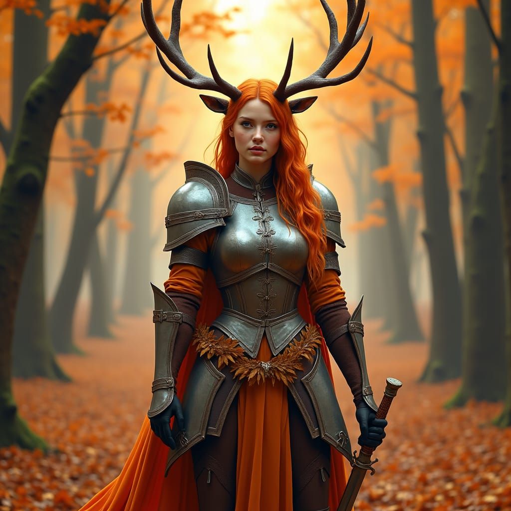 Deer-Woman Warrior in Autumn Forest