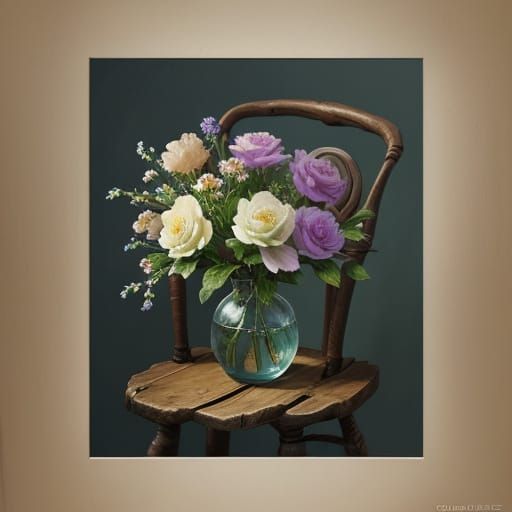 Vibrant Oil Painting of Chair with Growing Flower