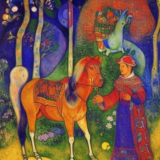 Folkloric Grandmother-Horse, Bilibin, Vasnetsov, Chagall Sty...