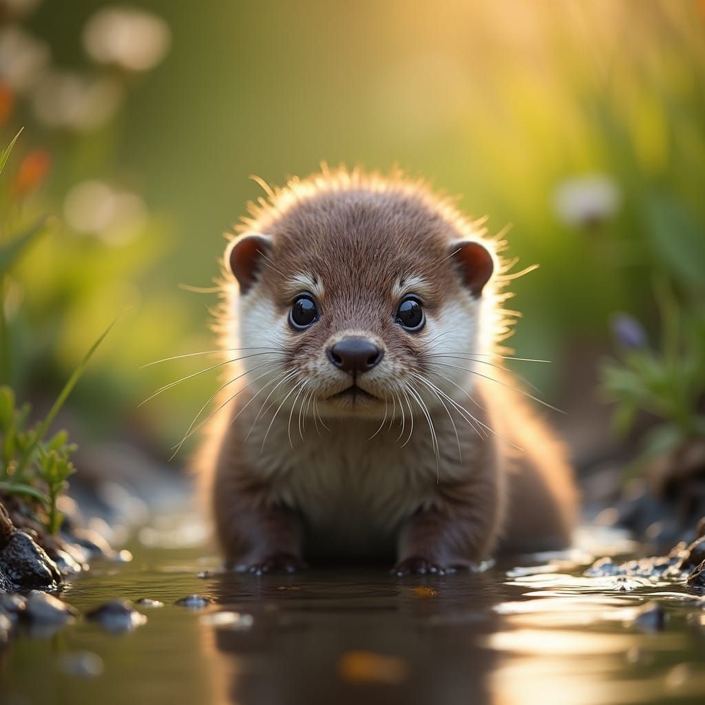 Surreal Wildlife Portrait of a Furry Otter Cub in Lush Natur...