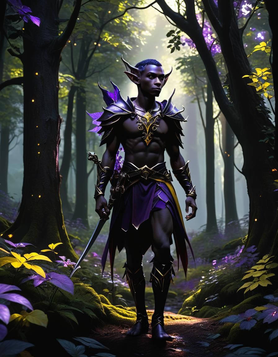 Black Elf in Magic Forest: Dark Fantasy Art