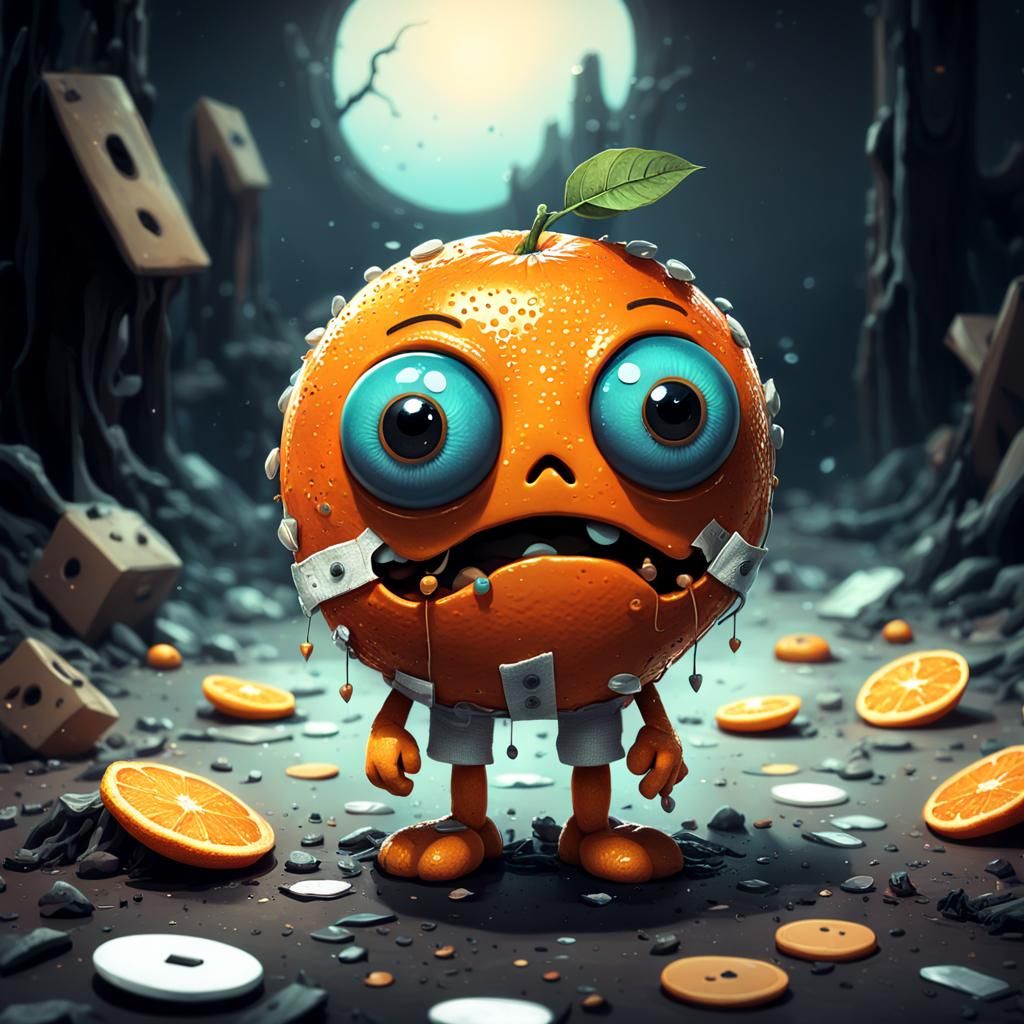 stunning image of a cute adorable sad orange with googly eyes and band aid, moody, grainy, noisy, concept art, by Albert...
