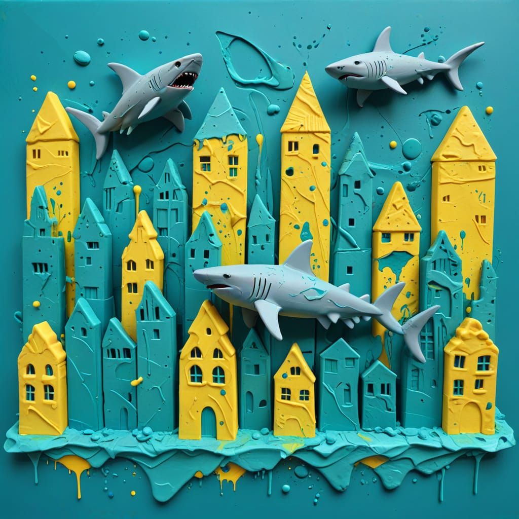 Abstract Playdoh Cityscape with Shark Buildings