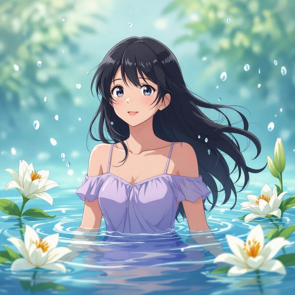 Anime Girl Emerging from Water with Lilies