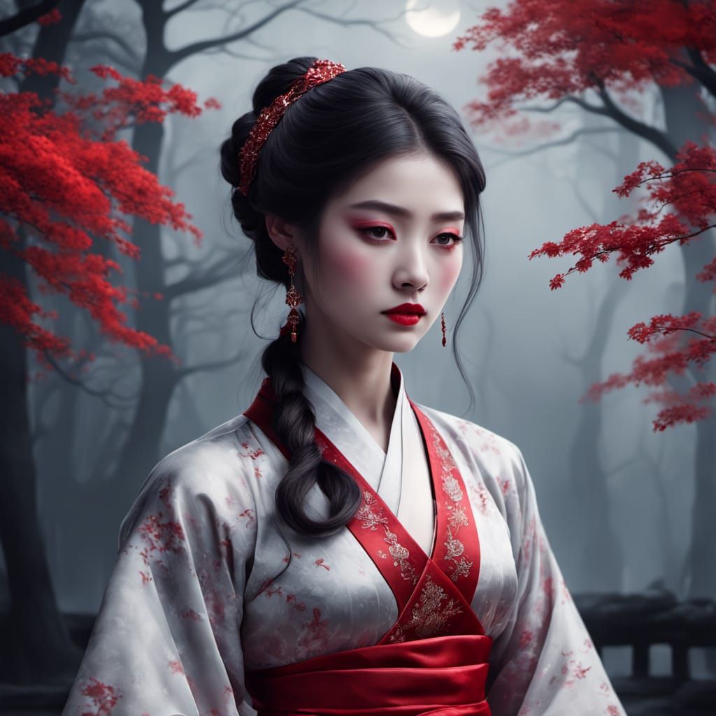Ethereal Woman in Moonlit Hanfu, Surrounded by Whispers of S...