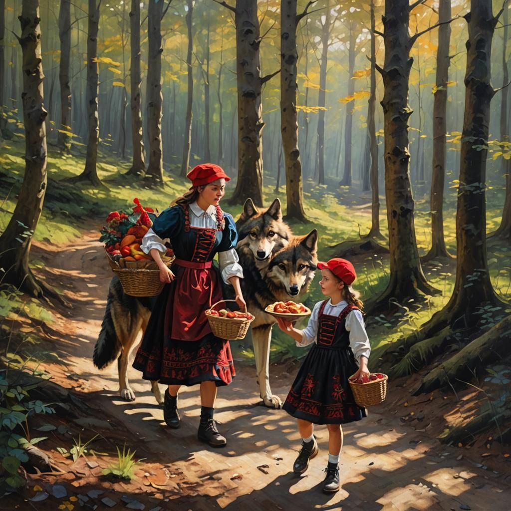 Little Red Riding Hood Meets Wolf, Oil Painting