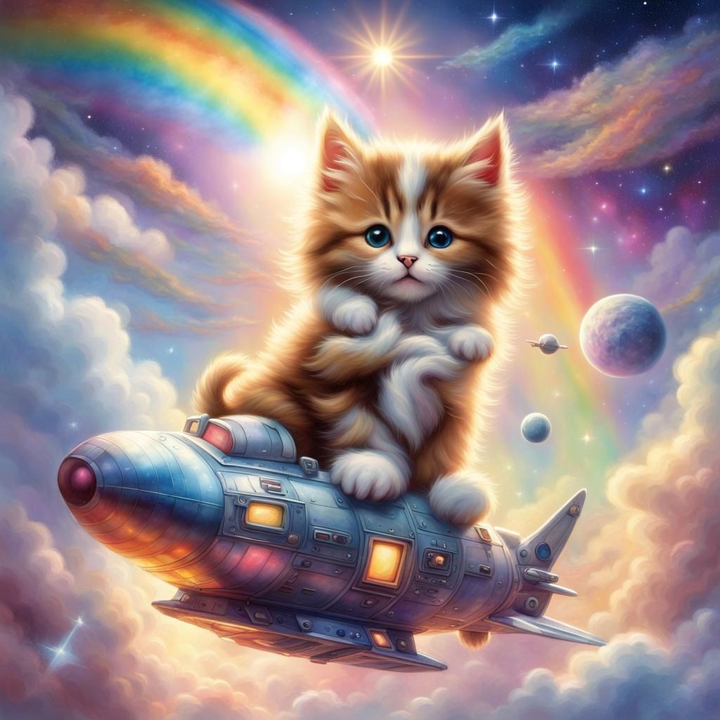 Fluffy Kitten and Puppy in Rainbow Galaxy