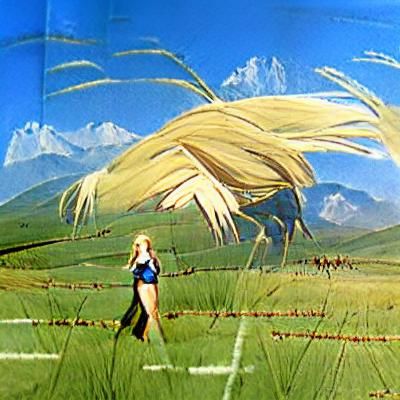 Woman Walks Through Field Towards Mountains