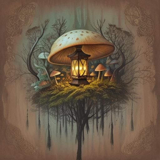 Forest Spirit with Lantern in Watercolor Woodcut