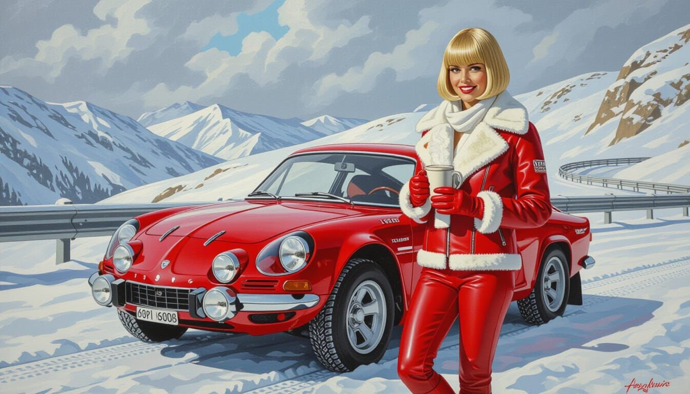 Woman in Red Leather Poses with Alpine Car