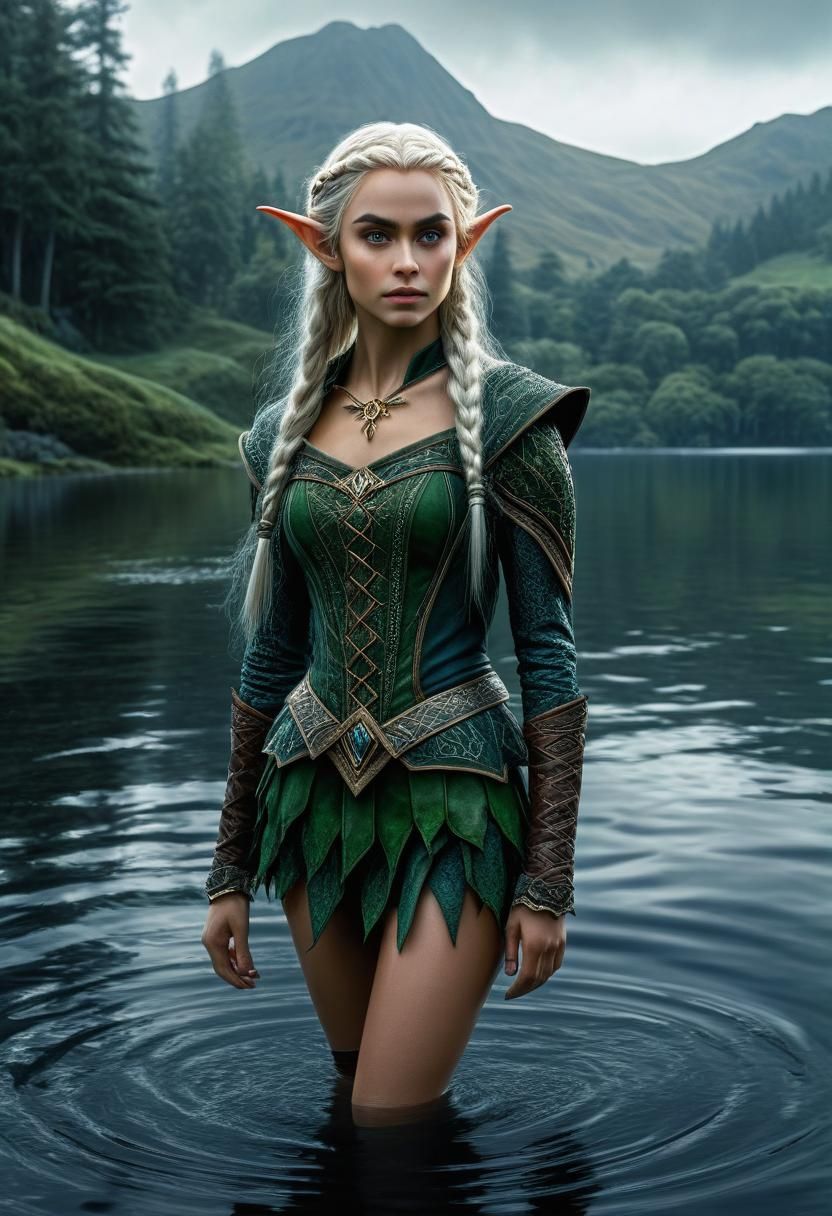 Gorgeous Elf in Lake: Hyperrealistic Fantasy Portrait