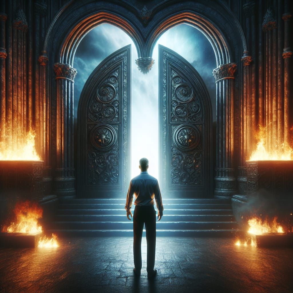 Man at the Threshold of Gothic Doors, Illuminated by Fiery L...