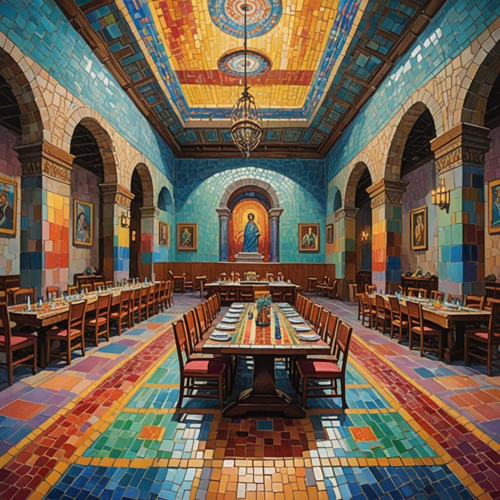 Gouache Painting of Mosaic Dining Hall with Theodora