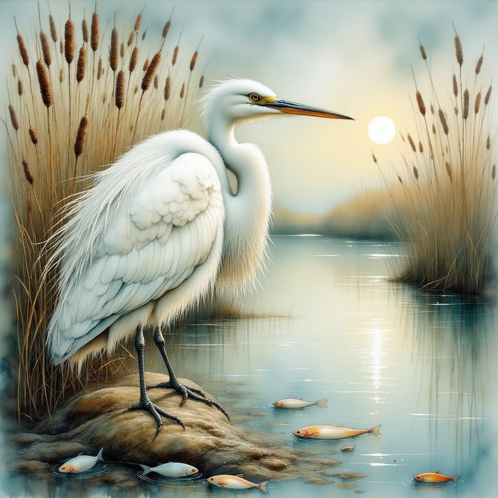 White Heron by Lake Shore in Wildlife Illustration Style