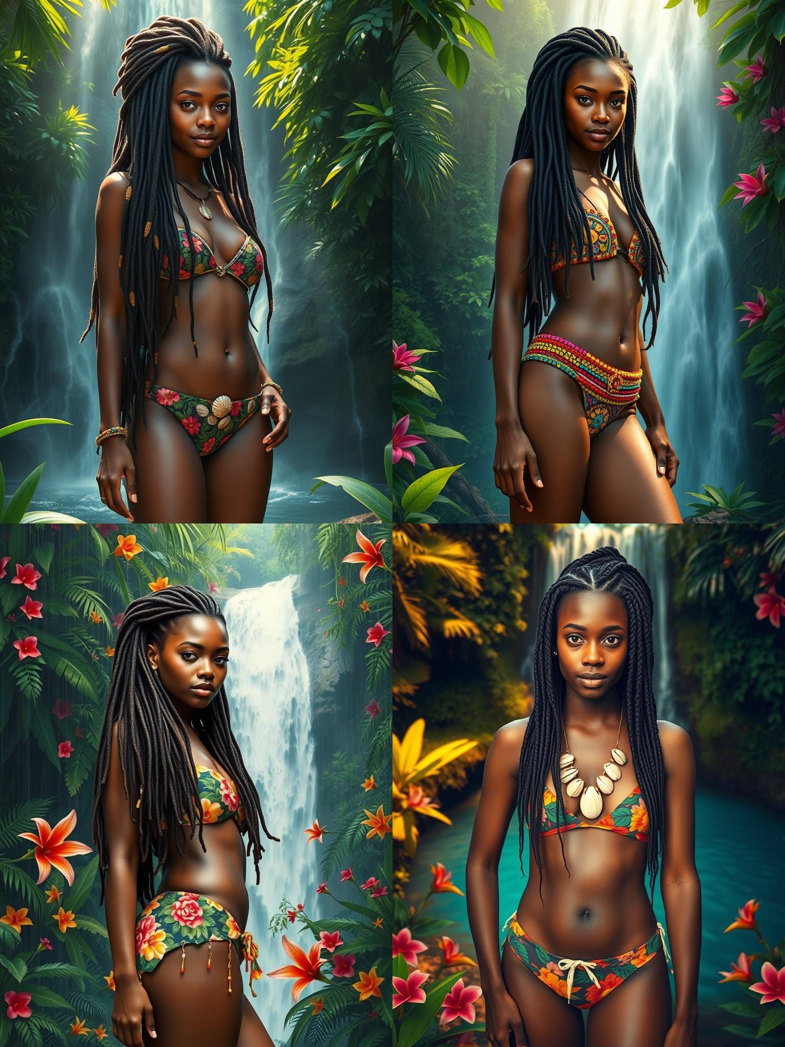 Tropical Waterfall Scene with Woman in Bikini