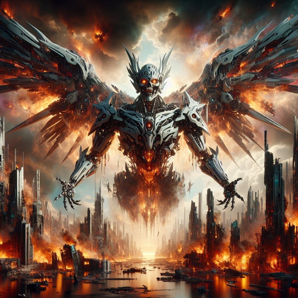 Cyborg Angel of Destruction in Burning City