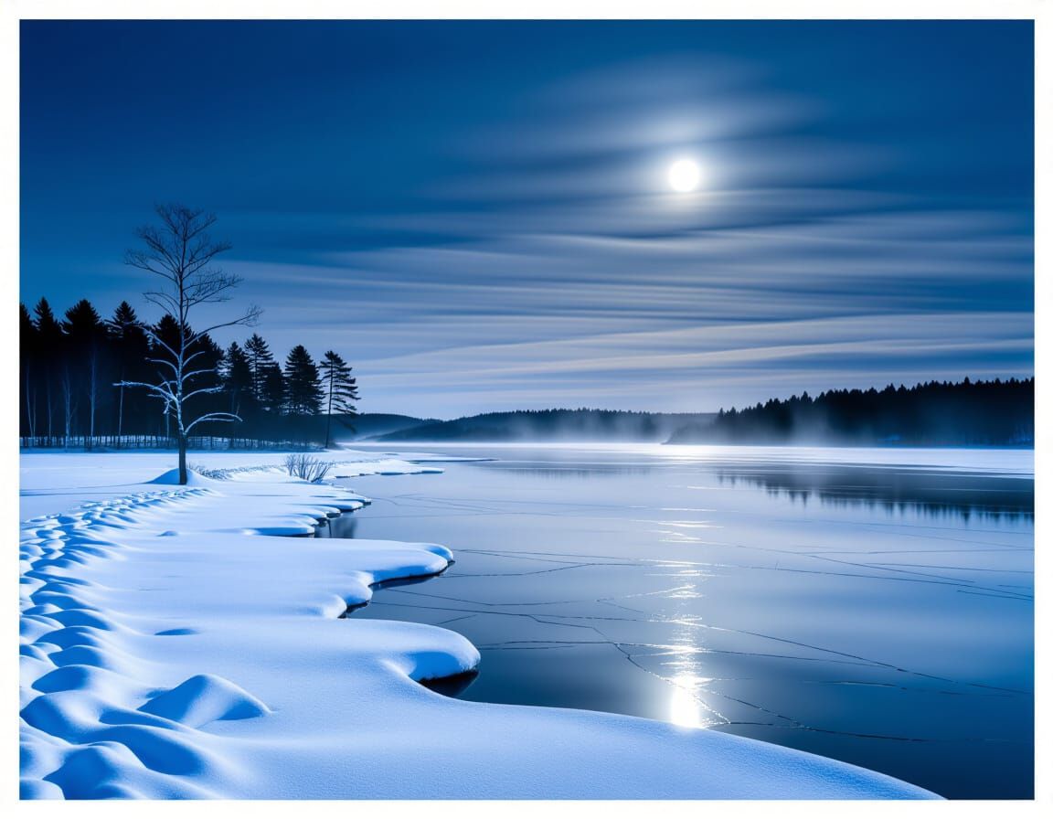 Serene Moonlight Over Frozen Lake Landscape